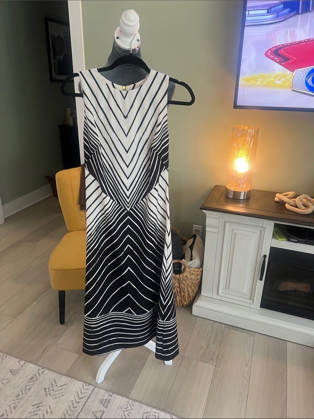 Halston Heritage Black and White Chevron Midi Dress